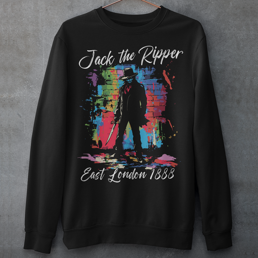 Black sweatshirt of a graffiti Jack the Ripper design with text above "Jack the Ripper" and text below "East London 1888".