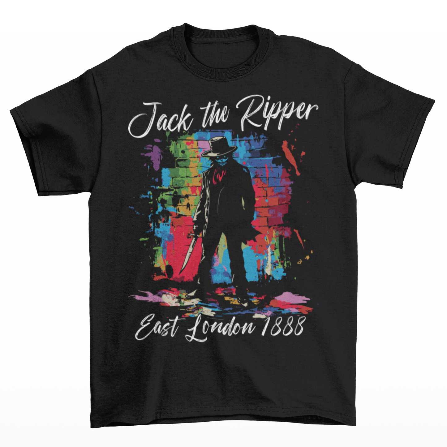 Black t-shirt of a graffiti Jack the Ripper design with text above "Jack the Ripper" and text below "East London 1888".