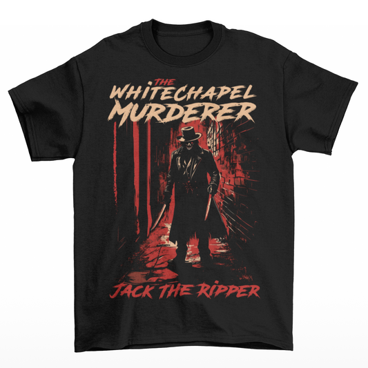 Black t-shirt of Jack the ripper standing in an old Victorian alley with text above "THE WHITECHAPEL MURDERER" and text below "JACK THE RIPPER".