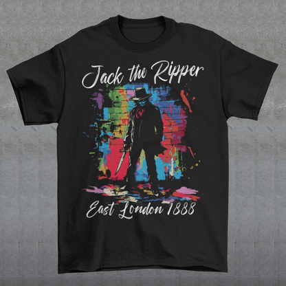 This striking T-shirt features a gritty, graffiti-inspired design of Jack the Ripper, blending urban street art with Victorian-era mystery. The graphic shows a dark, shadowy figure with subtle splatters and rough lines, capturing the chilling essence of London's most notorious figure. Graffiti text above reads "Jack the Ripper," while below, "East London 1888" adds an authentic touch, grounding the design in its historical setting.