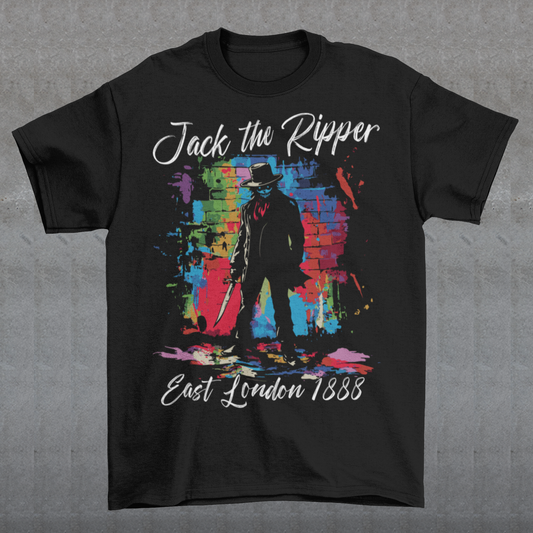 This striking T-shirt features a gritty, graffiti-inspired design of Jack the Ripper, blending urban street art with Victorian-era mystery. The graphic shows a dark, shadowy figure with subtle splatters and rough lines, capturing the chilling essence of London's most notorious figure. Graffiti text above reads "Jack the Ripper," while below, "East London 1888" adds an authentic touch, grounding the design in its historical setting.