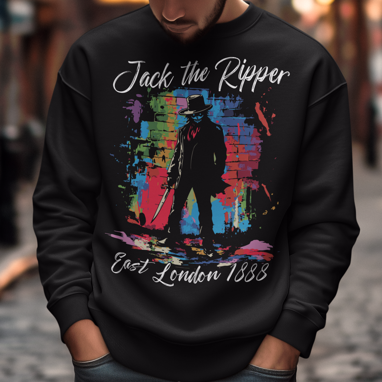 Black sweatshirt of a graffiti Jack the Ripper design with text above "Jack the Ripper" and text below "East London 1888".