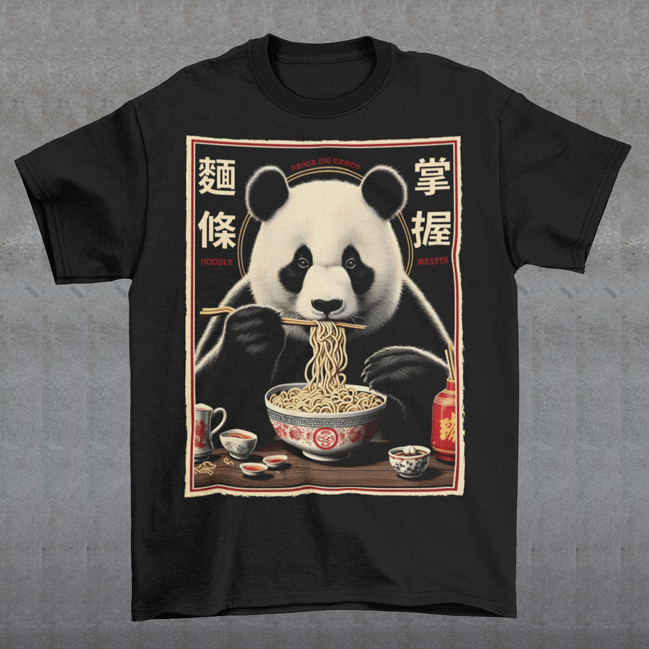 Bring retro charm and playful style to your wardrobe with this vintage-inspired tee featuring a classic Chinese poster design. At the heart of the print, an adorable panda sits contentedly slurping noodles, surrounded by nostalgic poster-style details that evoke old-school street markets and timeless cultural flair. Perfect for lovers of pandas, foodies, and fans of unique statement pieces, this t-shirt combines comfort with eye-catching style.