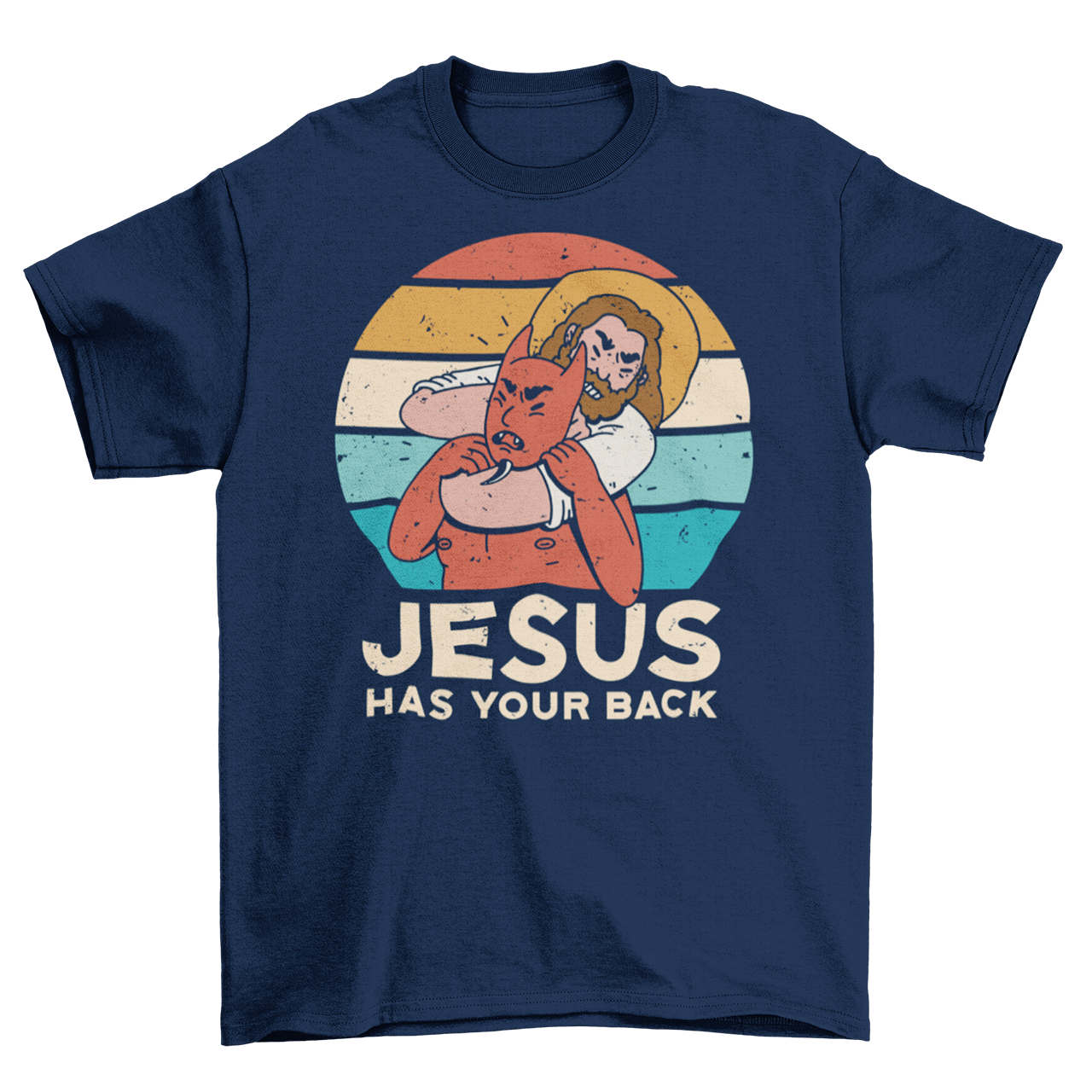 Navy t-shirt of Jesus with Satan in a chokehold in front of a sunset with text "JESUS HAS YOUR BACK".