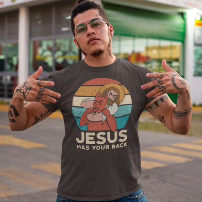 This captivating t-shirt design captures a powerful moment in vivid detail. Set against the backdrop of a stunning sunset, it features the iconic figure of Jesus Christ in an extraordinary display of strength and triumph. With unwavering determination, Jesus is depicted confidently holding Satan, the embodiment of evil, in a firm chokehold. The intricate artwork beautifully showcases the clash between good and evil, symbolizing Jesus' ultimate victory over darkness.