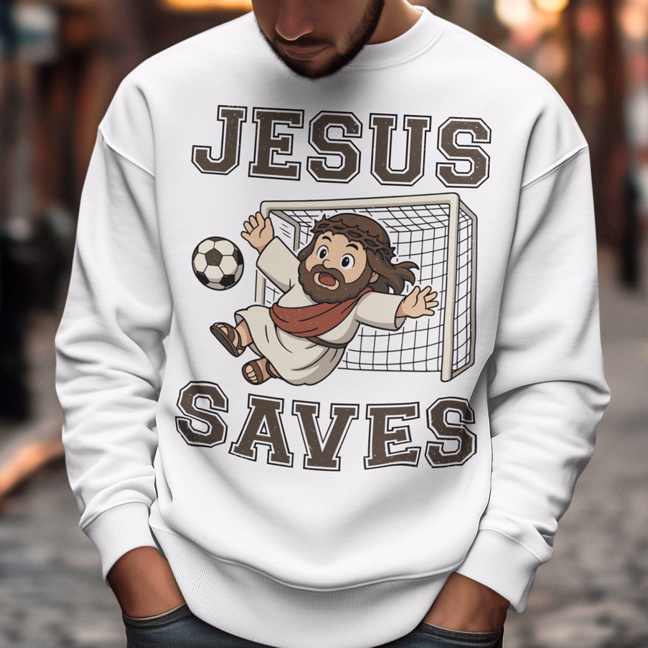 White sweatshirt featuring a cartoon of Jesus as a soccer goalie diving to block a ball in front of a goal net, with the bold text “Jesus Saves” above and below. Fun, humorous Christian design combining faith and sports, printed on a clean white background.