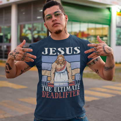 Introducing our bold and inspiring t-shirt design: "Jesus, The Ultimate Deadlifter." This unique and empowering graphic captures the strength, determination, and unwavering spirit of Jesus Christ as he takes on the challenge of deadlifting. The center of attention is an awe-inspiring depiction of Jesus Christ, muscles flexed and veins pulsating, showcasing his extraordinary strength. With a focus on his remarkable physicality, this design showcases Jesus in a moment of triumph.