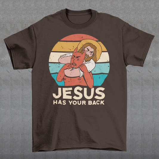 This captivating t-shirt design captures a powerful moment in vivid detail. Set against the backdrop of a stunning sunset, it features the iconic figure of Jesus Christ in an extraordinary display of strength and triumph. With unwavering determination, Jesus is depicted confidently holding Satan, the embodiment of evil, in a firm chokehold. The intricate artwork beautifully showcases the clash between good and evil, symbolizing Jesus' ultimate victory over darkness.