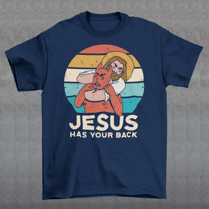 This captivating t-shirt design captures a powerful moment in vivid detail. Set against the backdrop of a stunning sunset, it features the iconic figure of Jesus Christ in an extraordinary display of strength and triumph. With unwavering determination, Jesus is depicted confidently holding Satan, the embodiment of evil, in a firm chokehold. The intricate artwork beautifully showcases the clash between good and evil, symbolizing Jesus' ultimate victory over darkness.