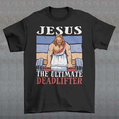 Introducing our bold and inspiring t-shirt design: "Jesus, The Ultimate Deadlifter." This unique and empowering graphic captures the strength, determination, and unwavering spirit of Jesus Christ as he takes on the challenge of deadlifting. The center of attention is an awe-inspiring depiction of Jesus Christ, muscles flexed and veins pulsating, showcasing his extraordinary strength. With a focus on his remarkable physicality, this design showcases Jesus in a moment of triumph.