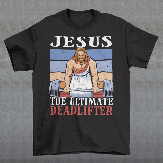 Introducing our bold and inspiring t-shirt design: "Jesus, The Ultimate Deadlifter." This unique and empowering graphic captures the strength, determination, and unwavering spirit of Jesus Christ as he takes on the challenge of deadlifting. The center of attention is an awe-inspiring depiction of Jesus Christ, muscles flexed and veins pulsating, showcasing his extraordinary strength. With a focus on his remarkable physicality, this design showcases Jesus in a moment of triumph.