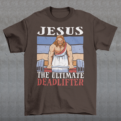 Introducing our bold and inspiring t-shirt design: "Jesus, The Ultimate Deadlifter." This unique and empowering graphic captures the strength, determination, and unwavering spirit of Jesus Christ as he takes on the challenge of deadlifting. The center of attention is an awe-inspiring depiction of Jesus Christ, muscles flexed and veins pulsating, showcasing his extraordinary strength. With a focus on his remarkable physicality, this design showcases Jesus in a moment of triumph.