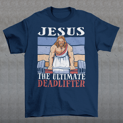 Introducing our bold and inspiring t-shirt design: "Jesus, The Ultimate Deadlifter." This unique and empowering graphic captures the strength, determination, and unwavering spirit of Jesus Christ as he takes on the challenge of deadlifting. The center of attention is an awe-inspiring depiction of Jesus Christ, muscles flexed and veins pulsating, showcasing his extraordinary strength. With a focus on his remarkable physicality, this design showcases Jesus in a moment of triumph.