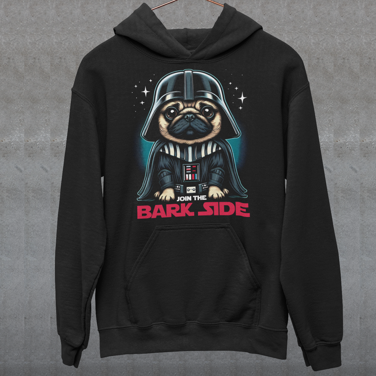 Black hoodie of a pug dressed as a sith with text underneath "JOIN THE BARK SIDE".