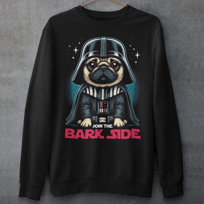 Black sweatshirt of a pug dressed as a sith with text underneath "JOIN THE BARK SIDE".