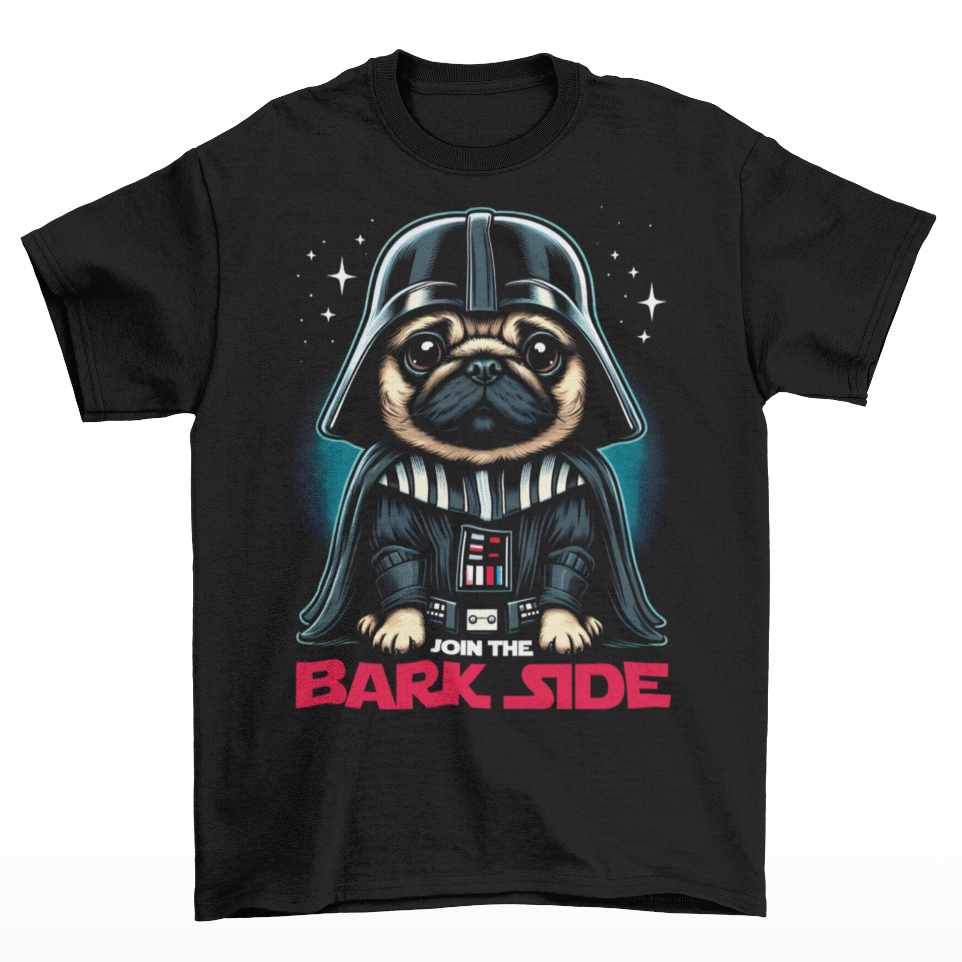 Black t-shirt of a pug dressed as a sith with text underneath "JOIN THE BARK SIDE".