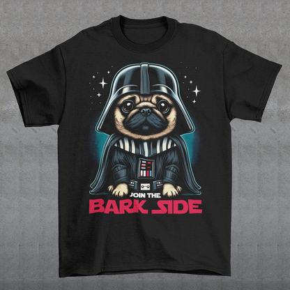 Introducing the ultimate "Join the Bark Side" T-shirt. This playful design features an adorable pug dressed as a Sith Lord and a determined, yet undeniably cute, expression. The pug's wrinkled face and intense stare will make anyone smile, as he embodies the dark side in the most charming way possible. Beneath the pug, bold text reads "JOIN THE BARK SIDE," adding a humorous twist to the classic phrase. This tee is sure to be a hit for those with a love for pups and galactic adventures!