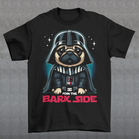 Introducing the ultimate "Join the Bark Side" T-shirt. This playful design features an adorable pug dressed as a Sith Lord and a determined, yet undeniably cute, expression. The pug's wrinkled face and intense stare will make anyone smile, as he embodies the dark side in the most charming way possible. Beneath the pug, bold text reads "JOIN THE BARK SIDE," adding a humorous twist to the classic phrase. This tee is sure to be a hit for those with a love for pups and galactic adventures!