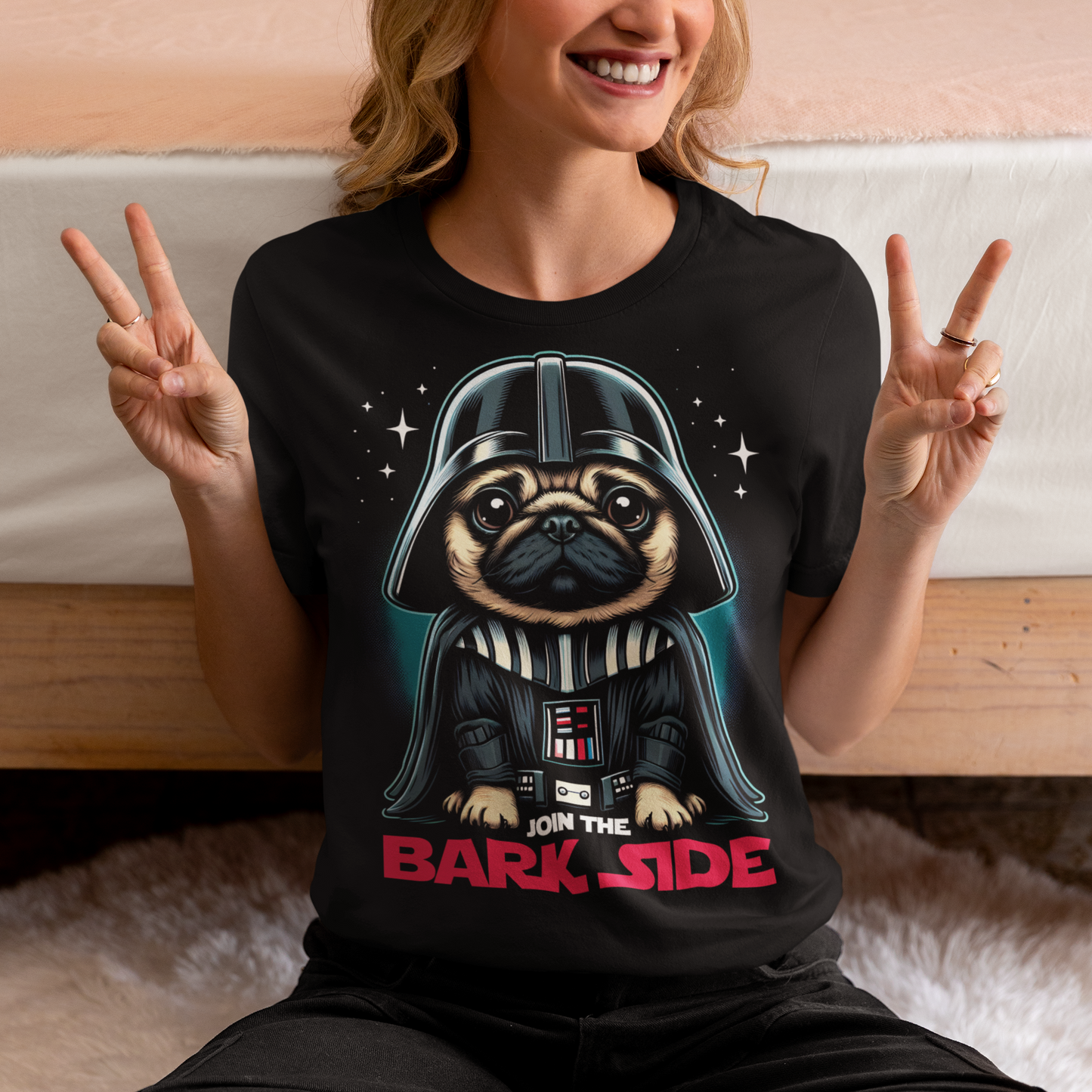 Black t-shirt of a pug dressed as a sith with text underneath "JOIN THE BARK SIDE".