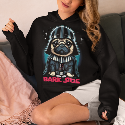 Black hoodie of a pug dressed as a sith with text underneath "JOIN THE BARK SIDE".