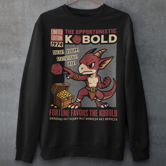 Stay cozy while letting your inner dungeon schemer shine. This Kobold shirt features a bold retro comic-book style design with everyone’s favorite scrappy little dragonkin taking center stage. Dice in hand and treasure at his feet, this determined kobold proves that brains, teamwork, and a little bit of luck can turn even the smallest adventurer into a legend. Printed with a vintage tabletop RPG vibe, the artwork celebrates the chaotic charm of kobolds and the thrill of rolling for fortune.