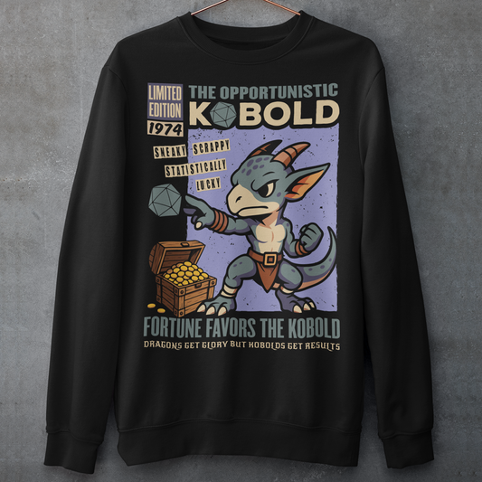 Stay cozy while letting your inner dungeon schemer shine. This Kobold shirt features a bold retro comic-book style design with everyone’s favorite scrappy little dragonkin taking center stage. Dice in hand and treasure at his feet, this determined kobold proves that brains, teamwork, and a little bit of luck can turn even the smallest adventurer into a legend. Printed with a vintage tabletop RPG vibe, the artwork celebrates the chaotic charm of kobolds and the thrill of rolling for fortune.