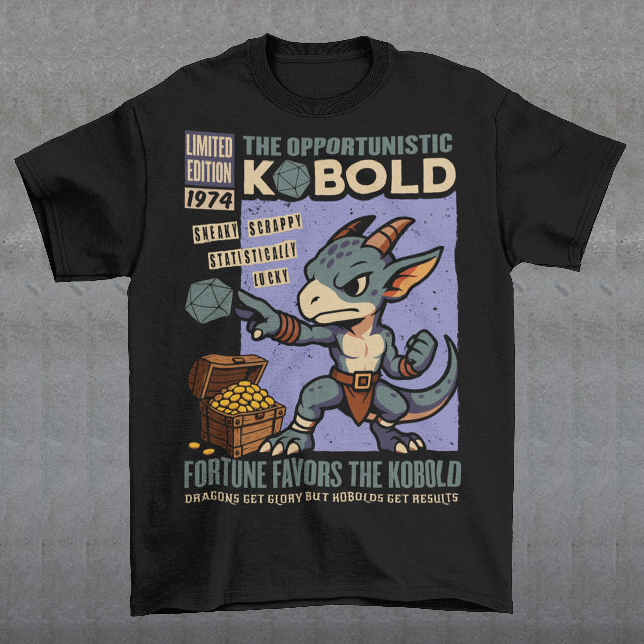 Stay cozy while letting your inner dungeon schemer shine. This Kobold shirt features a bold retro comic-book style design with everyone’s favorite scrappy little dragonkin taking center stage. Dice in hand and treasure at his feet, this determined kobold proves that brains, teamwork, and a little bit of luck can turn even the smallest adventurer into a legend. Printed with a vintage tabletop RPG vibe, the artwork celebrates the chaotic charm of kobolds and the thrill of rolling for fortune.