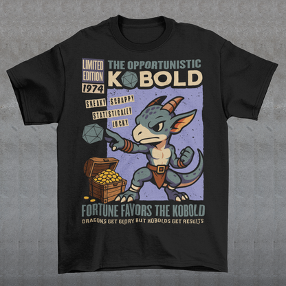 Stay cozy while letting your inner dungeon schemer shine. This Kobold shirt features a bold retro comic-book style design with everyone’s favorite scrappy little dragonkin taking center stage. Dice in hand and treasure at his feet, this determined kobold proves that brains, teamwork, and a little bit of luck can turn even the smallest adventurer into a legend. Printed with a vintage tabletop RPG vibe, the artwork celebrates the chaotic charm of kobolds and the thrill of rolling for fortune.