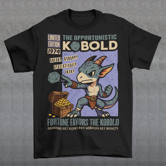 Stay cozy while letting your inner dungeon schemer shine. This Kobold shirt features a bold retro comic-book style design with everyone’s favorite scrappy little dragonkin taking center stage. Dice in hand and treasure at his feet, this determined kobold proves that brains, teamwork, and a little bit of luck can turn even the smallest adventurer into a legend. Printed with a vintage tabletop RPG vibe, the artwork celebrates the chaotic charm of kobolds and the thrill of rolling for fortune.