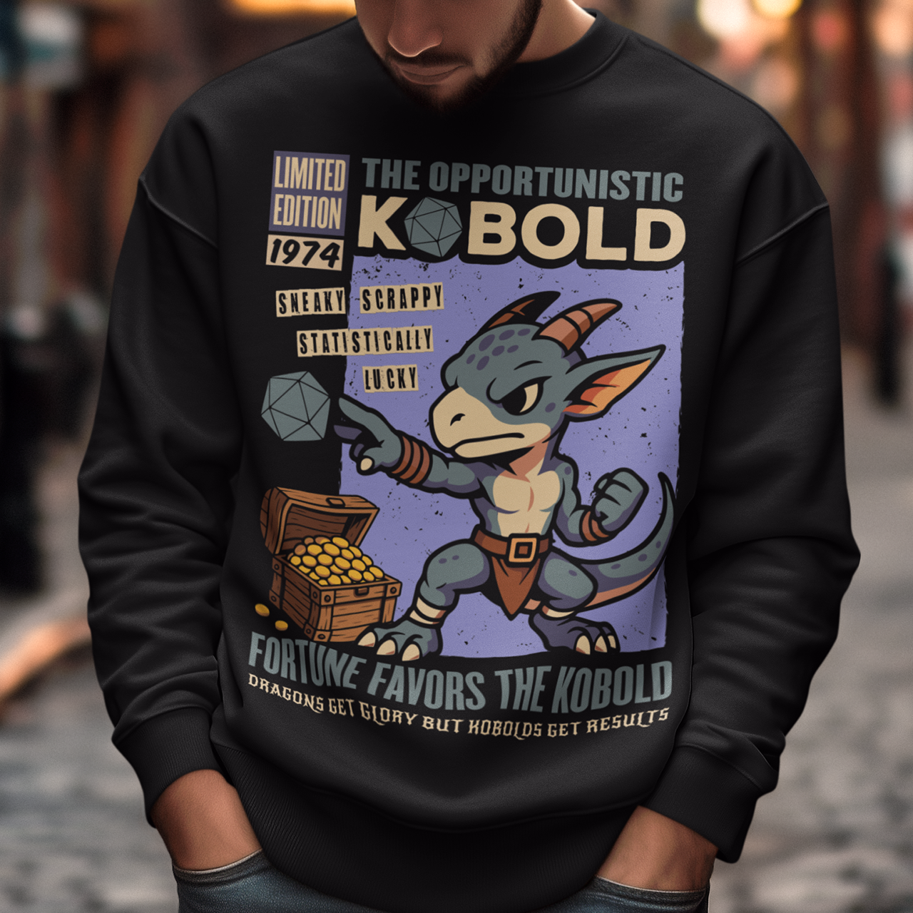 Stay cozy while letting your inner dungeon schemer shine. This Kobold shirt features a bold retro comic-book style design with everyone’s favorite scrappy little dragonkin taking center stage. Dice in hand and treasure at his feet, this determined kobold proves that brains, teamwork, and a little bit of luck can turn even the smallest adventurer into a legend. Printed with a vintage tabletop RPG vibe, the artwork celebrates the chaotic charm of kobolds and the thrill of rolling for fortune.