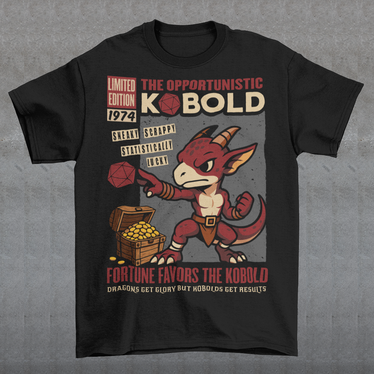Stay cozy while letting your inner dungeon schemer shine. This Kobold shirt features a bold retro comic-book style design with everyone’s favorite scrappy little dragonkin taking center stage. Dice in hand and treasure at his feet, this determined kobold proves that brains, teamwork, and a little bit of luck can turn even the smallest adventurer into a legend. Printed with a vintage tabletop RPG vibe, the artwork celebrates the chaotic charm of kobolds and the thrill of rolling for fortune.