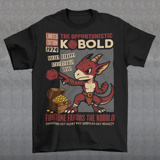 Stay cozy while letting your inner dungeon schemer shine. This Kobold shirt features a bold retro comic-book style design with everyone’s favorite scrappy little dragonkin taking center stage. Dice in hand and treasure at his feet, this determined kobold proves that brains, teamwork, and a little bit of luck can turn even the smallest adventurer into a legend. Printed with a vintage tabletop RPG vibe, the artwork celebrates the chaotic charm of kobolds and the thrill of rolling for fortune.