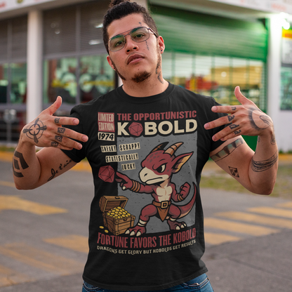 Stay cozy while letting your inner dungeon schemer shine. This Kobold shirt features a bold retro comic-book style design with everyone’s favorite scrappy little dragonkin taking center stage. Dice in hand and treasure at his feet, this determined kobold proves that brains, teamwork, and a little bit of luck can turn even the smallest adventurer into a legend. Printed with a vintage tabletop RPG vibe, the artwork celebrates the chaotic charm of kobolds and the thrill of rolling for fortune.