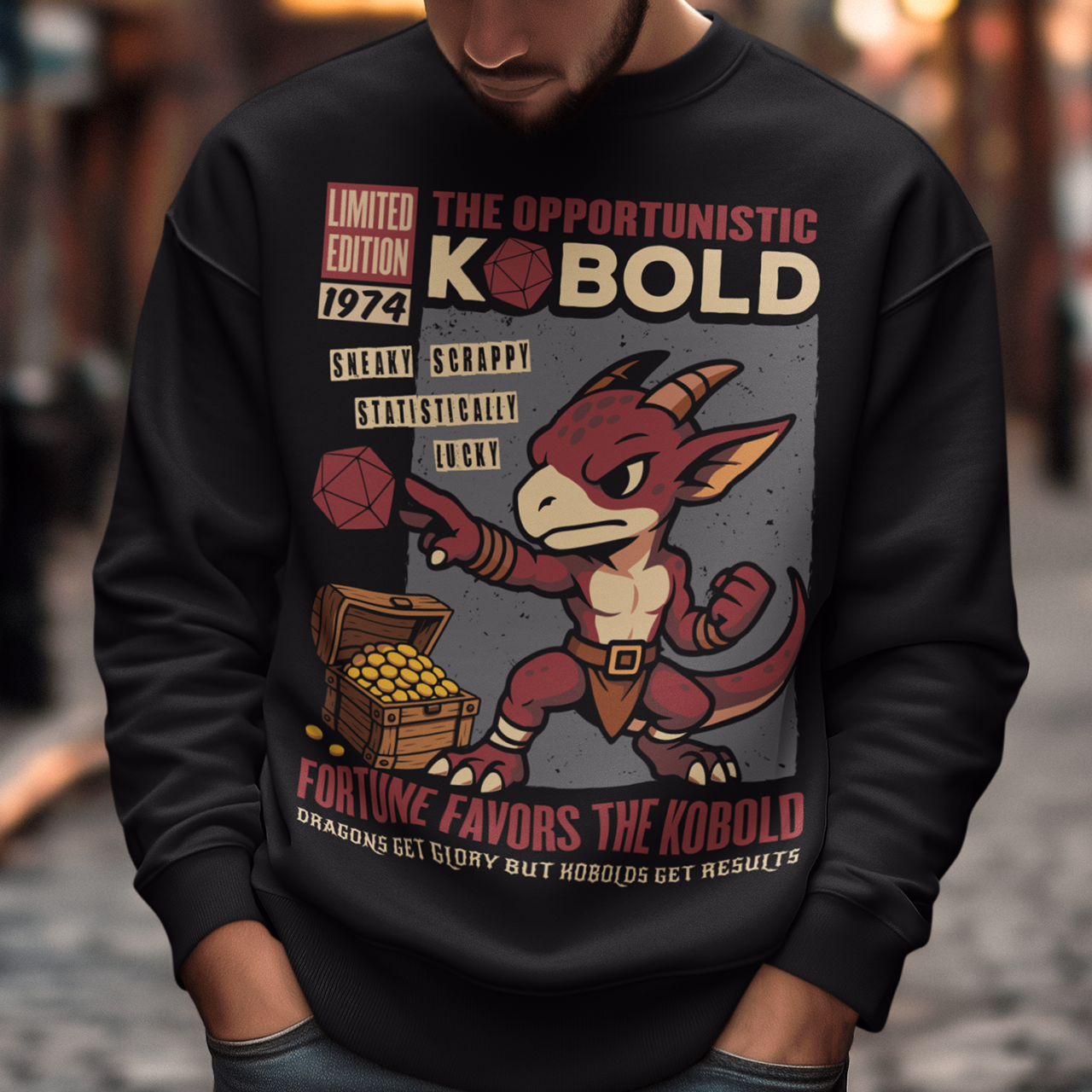 Stay cozy while letting your inner dungeon schemer shine. This Kobold shirt features a bold retro comic-book style design with everyone’s favorite scrappy little dragonkin taking center stage. Dice in hand and treasure at his feet, this determined kobold proves that brains, teamwork, and a little bit of luck can turn even the smallest adventurer into a legend. Printed with a vintage tabletop RPG vibe, the artwork celebrates the chaotic charm of kobolds and the thrill of rolling for fortune.