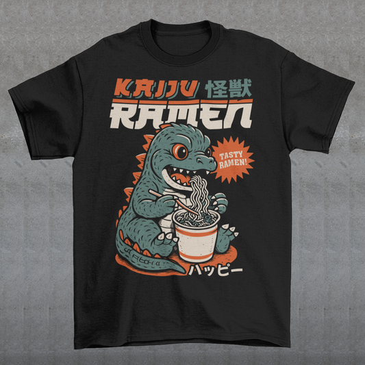 This epic tee features a towering Japanese monster (Kaiju) mid-slurp, devouring a massive bowl of ramen with wild abandon. With chopsticks in claw and noodles flying, it’s the ultimate mashup of monstrous hunger and culinary chaos. Bold text above reads KAIJU RAMEN, bringing Tokyo street-style energy to your wardrobe.