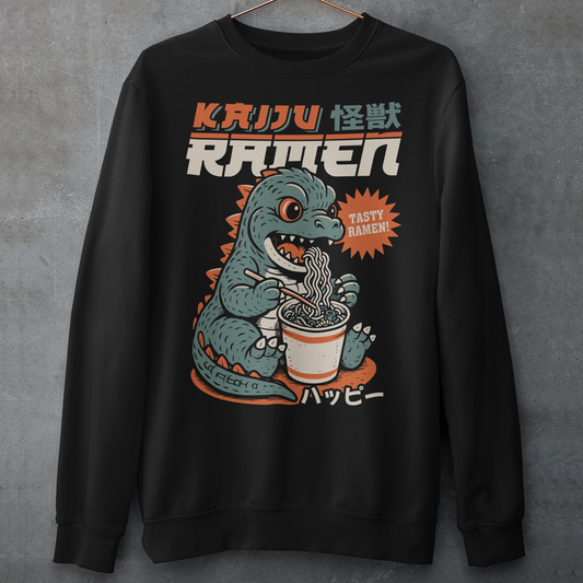This epic sweatshirt features a towering Japanese monster (Kaiju) mid-slurp, devouring a massive bowl of ramen with wild abandon. With chopsticks in claw and noodles flying, it’s the ultimate mashup of monstrous hunger and culinary chaos. Bold text above reads KAIJU RAMEN, bringing Tokyo street-style energy to your wardrobe.
