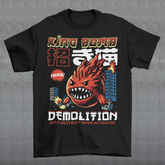 Unleash the chaos with our Japanese-style “King Bomb Demolition” T-Shirt. Featuring a larger-than-life kaiju-inspired character, King Bomb towers over a crumbling cityscape in a striking manga/anime art style. Explosive details capture the raw energy of destruction as skyscrapers topple in his wake. Bold Japanese design elements bring an authentic streetwear vibe, while the text “KING BOMB DEMOLITION” adds a gritty punch to the artwork.