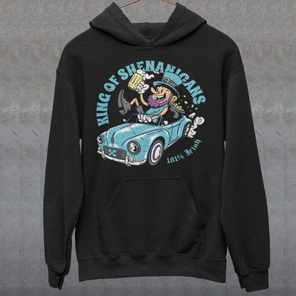Get ready to stir up some trouble with this hilarious hoodie featuring a leprechaun enjoying a cold pint of beer in the front seat of a car! With his mischievous grin and twinkling eyes, this little guy is clearly the king of shenanigans.