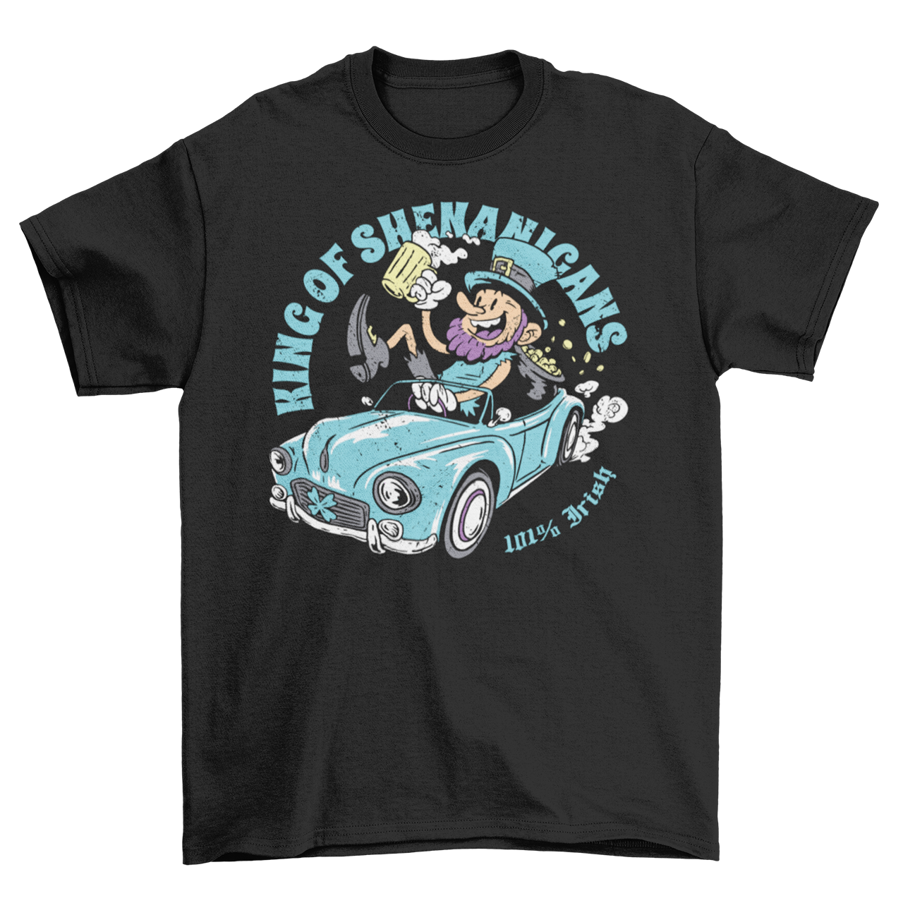 Black t-shirt with leprechaun driving a car with a beer with text "KING OF SHENANIGANS".