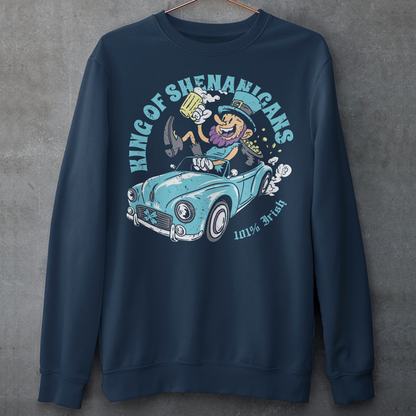 Get ready to stir up some trouble with this hilarious sweatshirt featuring a leprechaun enjoying a cold pint of beer in the front seat of a car! With his mischievous grin and twinkling eyes, this little guy is clearly the king of shenanigans.