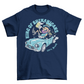 Navy t-shirt with leprechaun driving a car with a beer with text "KING OF SHENANIGANS".