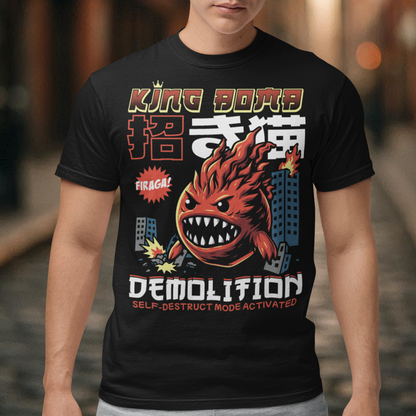 Unleash the chaos with our Japanese-style “King Bomb Demolition” T-Shirt. Featuring a larger-than-life kaiju-inspired character, King Bomb towers over a crumbling cityscape in a striking manga/anime art style. Explosive details capture the raw energy of destruction as skyscrapers topple in his wake. Bold Japanese design elements bring an authentic streetwear vibe, while the text “KING BOMB DEMOLITION” adds a gritty punch to the artwork.