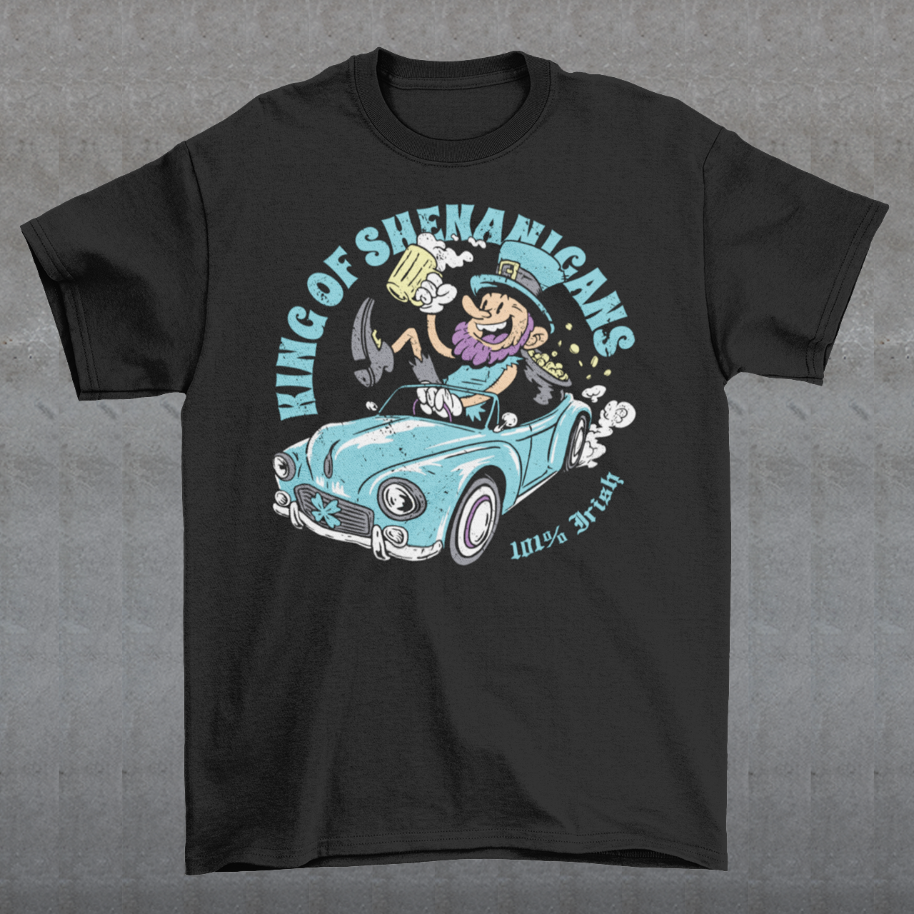 Get ready to stir up some trouble with this hilarious t-shirt featuring a leprechaun enjoying a cold pint of beer in the front seat of a car! With his mischievous grin and twinkling eyes, this little guy is clearly the king of shenanigans.
