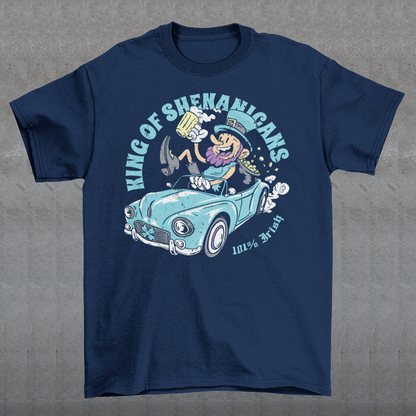 Get ready to stir up some trouble with this hilarious t-shirt featuring a leprechaun enjoying a cold pint of beer in the front seat of a car! With his mischievous grin and twinkling eyes, this little guy is clearly the king of shenanigans.