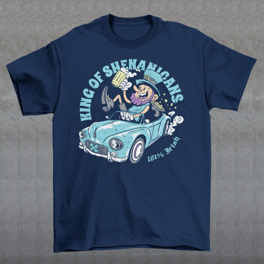 Get ready to stir up some trouble with this hilarious t-shirt featuring a leprechaun enjoying a cold pint of beer in the front seat of a car! With his mischievous grin and twinkling eyes, this little guy is clearly the king of shenanigans.