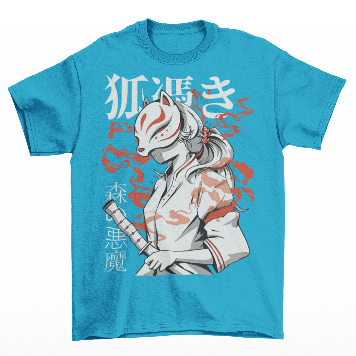 Aqua t-shirt with a Japanese warrior with a kitsune mask