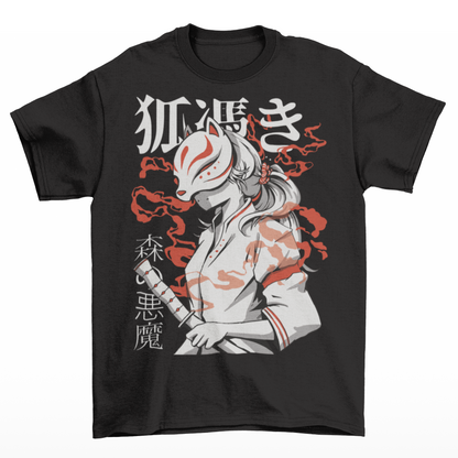 Black t-shirt with a Japanese warrior with a kitsune mask