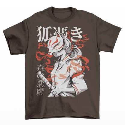 Brown t-shirt with a Japanese warrior with a kitsune mask.