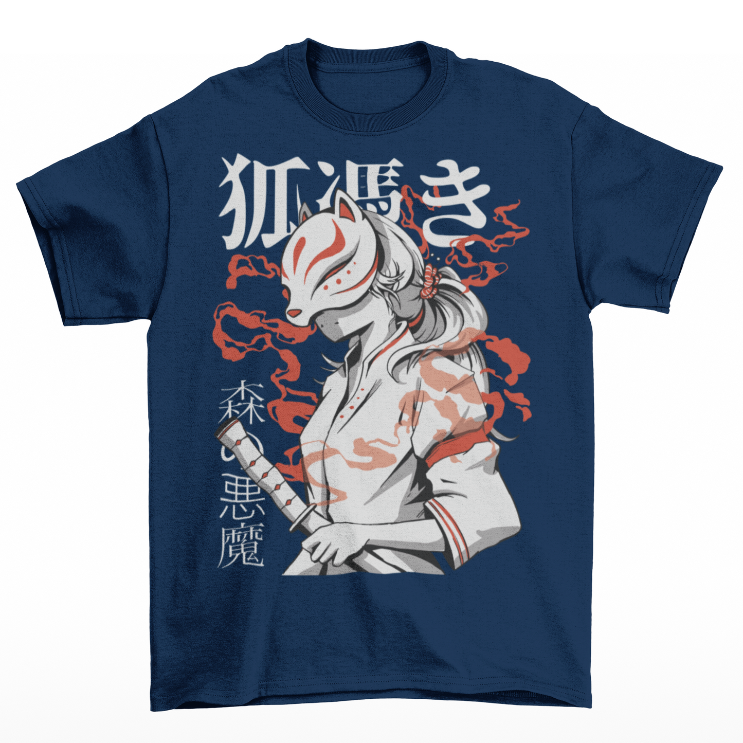 Navy t-shirt with a Japanese warrior with a kitsune mask