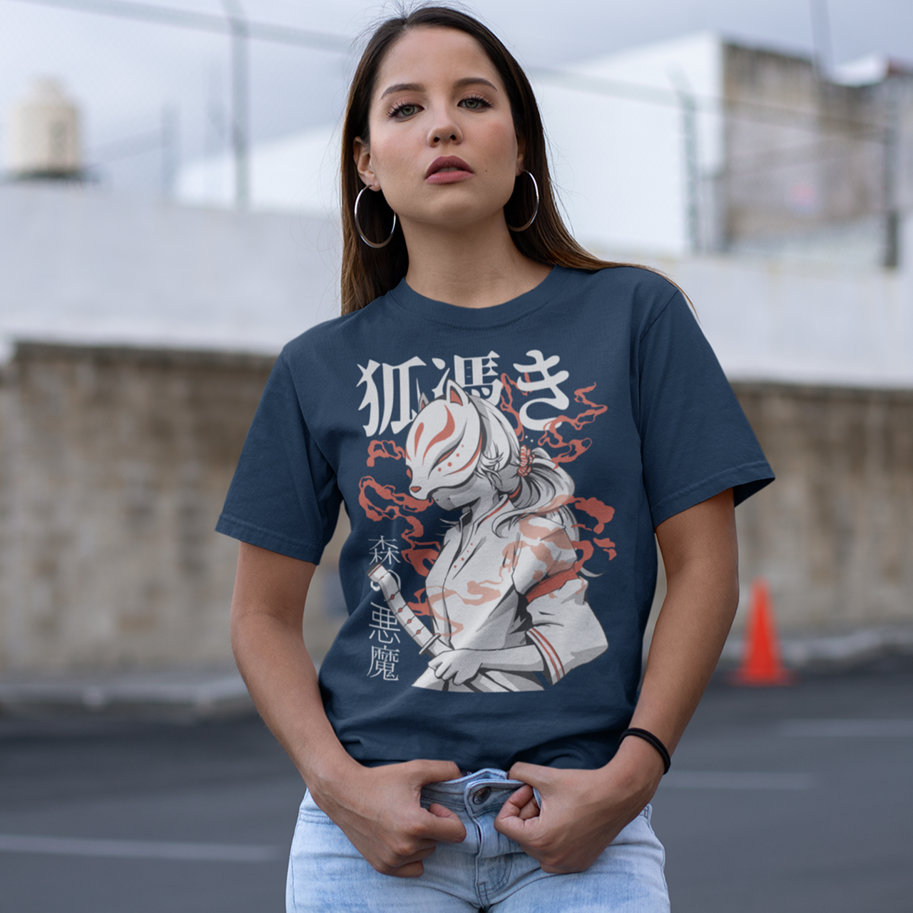 Navy t-shirt with a Japanese warrior with a kitsune mask